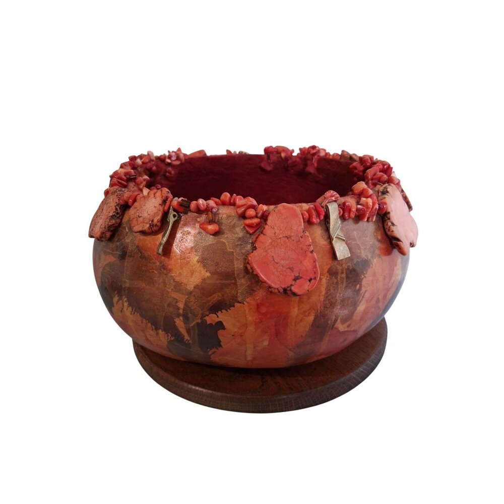 Signed Handmade Gourd Bowl With Coral Colored Stone Accents